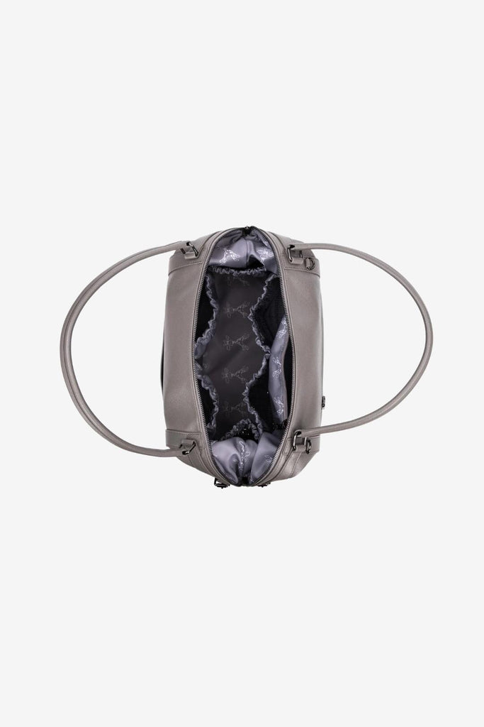 Open view of the grey vegan leather diaper changing bag 